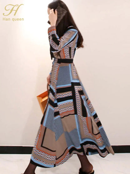H Han Queen Vintage Print Elegant Long Dress Women Spring Single-breasted Shirt Dresses Waist Swing Ankle-length Vestidos