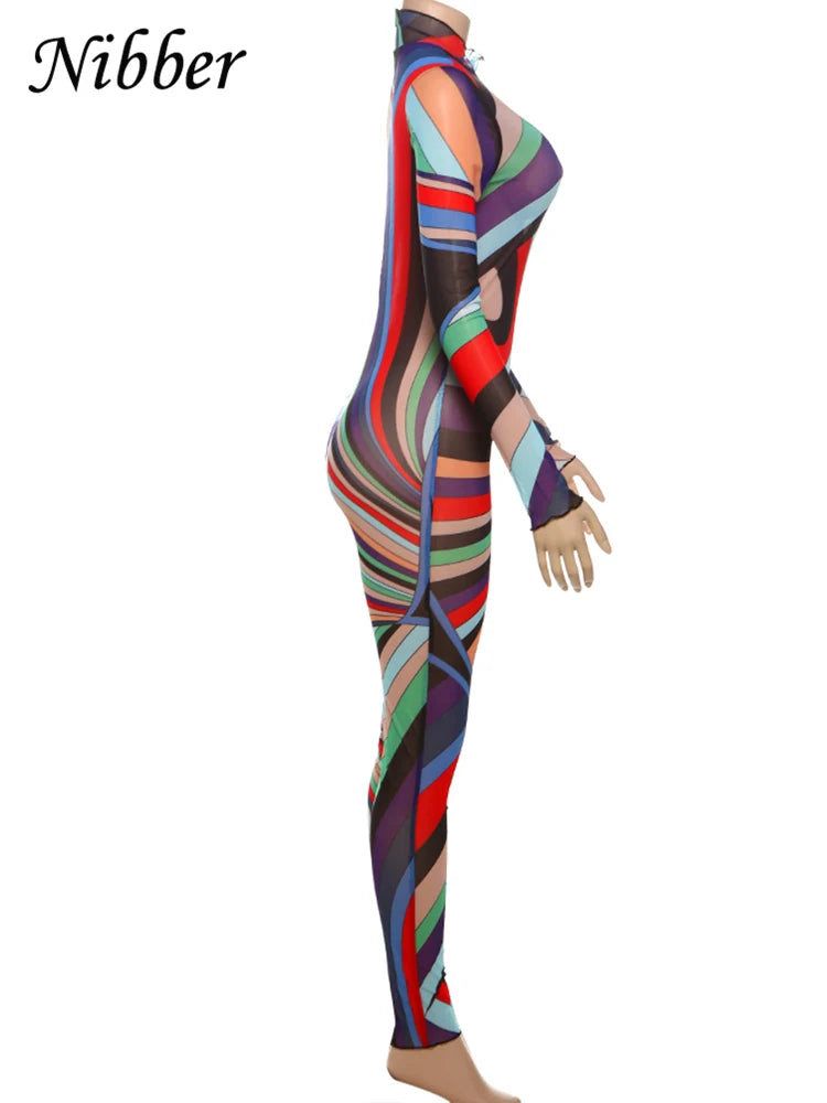 Nibber Sexy Colorful Print Jumpsuit Women Zip Y2K Full Sleeve O-Neck Turtleneck Autumn Trend Skinny Stretch Workout Overalls Badiee Stylez