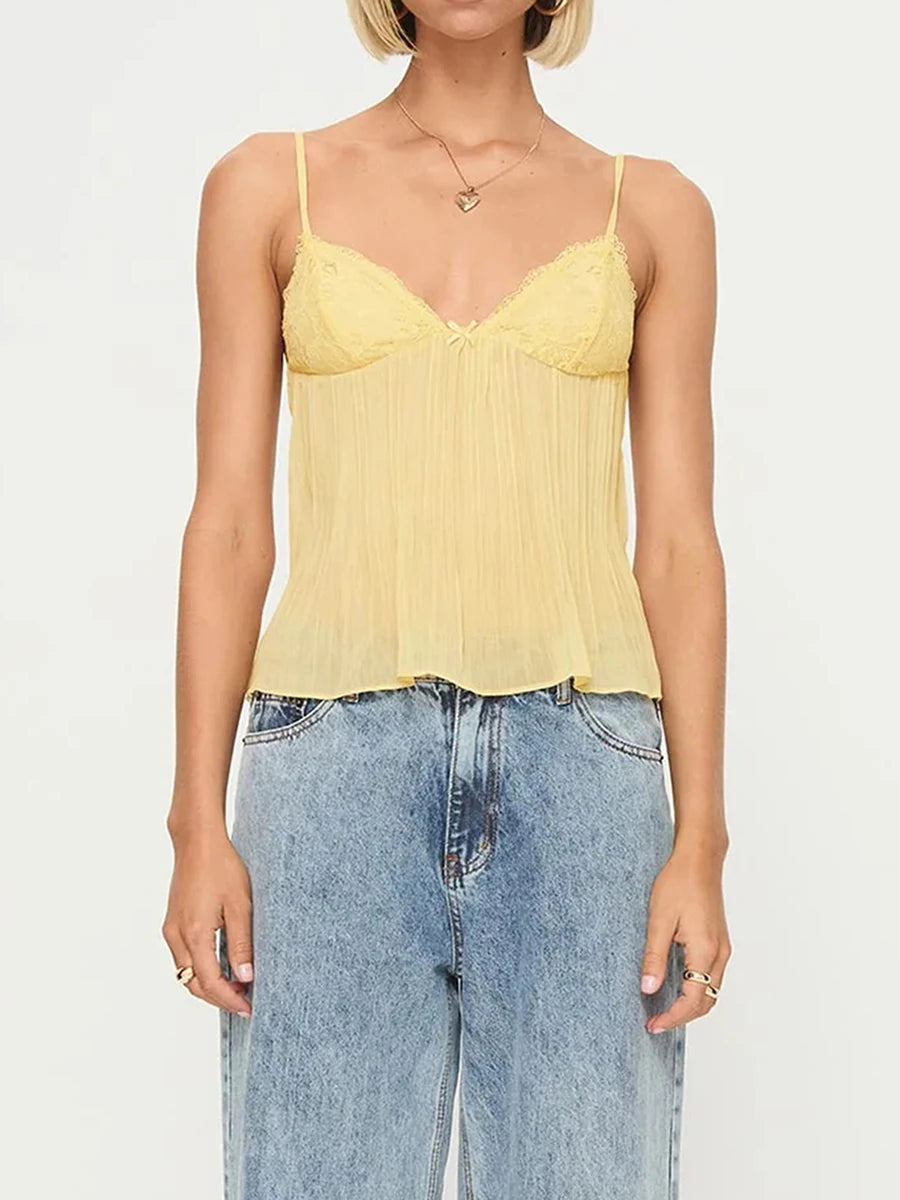 New Fashion Womens Pleated Camisole Mini Bowknot Front Spaghetti Strap V-Neck Lace Cropped Tops Club Street Style Hot Sale S-XL