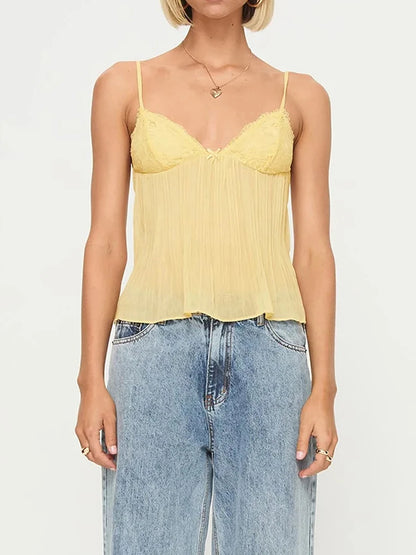 New Fashion Womens Pleated Camisole Mini Bowknot Front Spaghetti Strap V-Neck Lace Cropped Tops Club Street Style Hot Sale S-XL