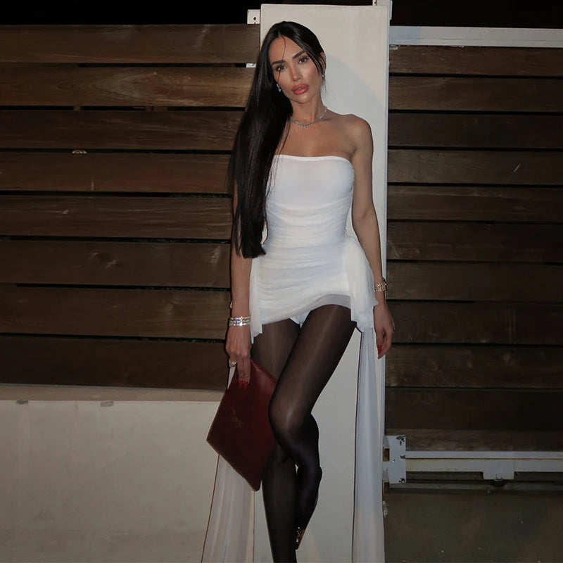 European and American foreign trade 2024 summer new solid color sleeveless strapless ribbon short slim and sexy dress WHITE