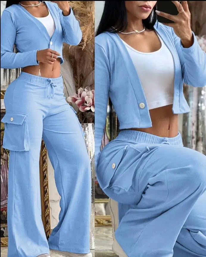 Women's Spring Summer New Fashionable Solid Color Printed Sexy Waist Short Top Casual Pants Set For Women blue