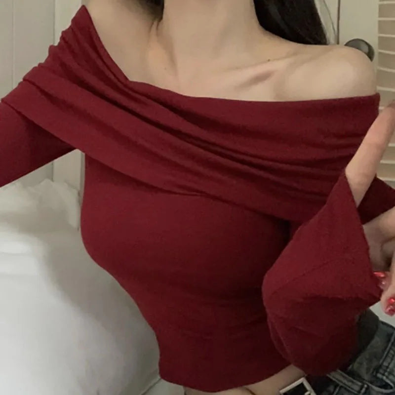 Xpqbb Vintage Slash Neck Pullover Women Korean Fashion Slim Long Sleeve Short Blouses Ladies Sexy Off Shoulder Club Party Tops