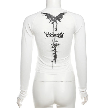 Y2K T Shirts Vintage Women O-neck Tee Long Sleeve Grunge Print Casual Crop Tops Female Graphic Korean Fashion Crop Tops EMO