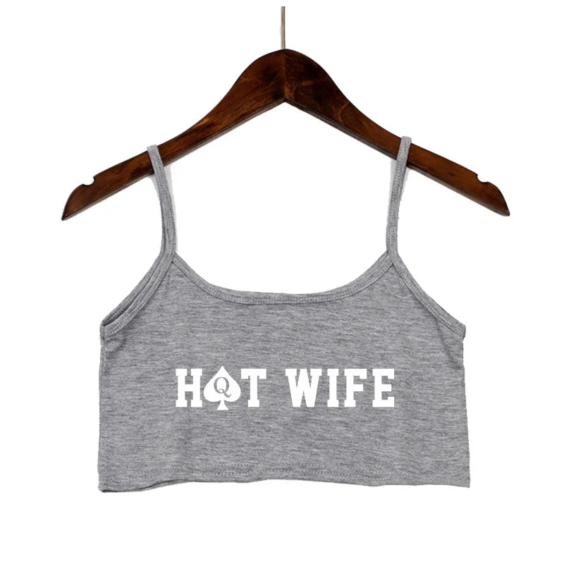 HOT WIFE Letters Print Female Sexy Crop Top Fashion Women's Sexy Elastic Cotton Camis Sleeveless Short Girls Tank Top Bar Women Light Gray 2-1