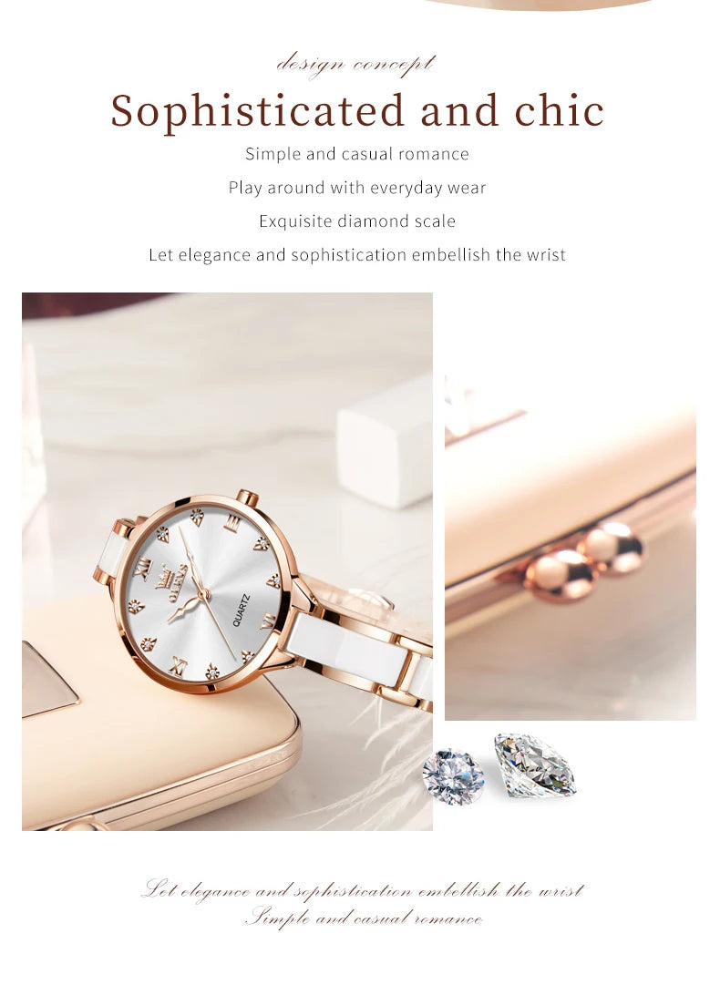 OLEVS 5872 Women Watch Elegant Luxury Original Quartz Watch Waterproof Luminous Ceramic Strap Watches For Women Bracelet Set