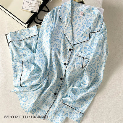 Women Long Sleeve Pajamas 2PCS Set Spring Summer New Sleepwear Loungewear Fashion Stripes Pyjama Pour Femme Loose Satin Homewear Blue Pajamas 4