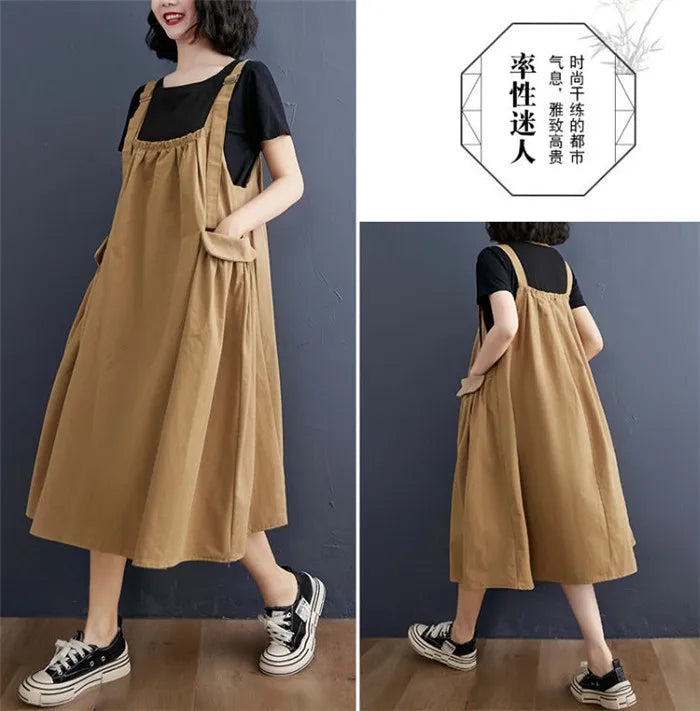 Female Dress Summer Mid-Length Loose Solid Color Pocket Swing Chic Casual Straps Dresses New Women Dress Vestidos Selling