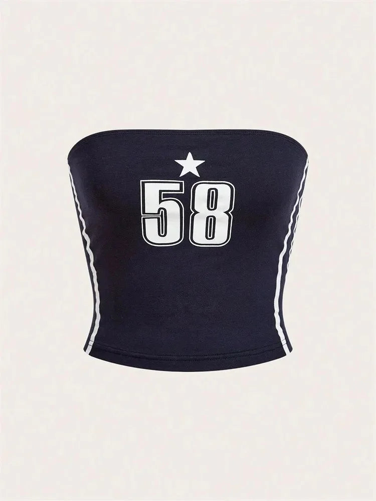 Women's Letter and Star Print Tube Top Summer Y2k Clothes Off the Shoulder Backless Cropped Top Streetwear DEEP BLUE
