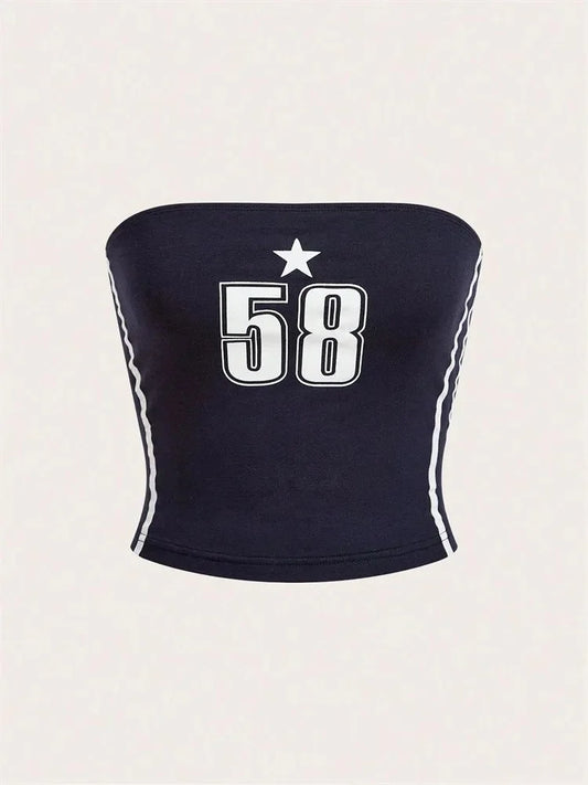 Women's Letter and Star Print Tube Top Summer Y2k Clothes Off the Shoulder Backless Cropped Top Streetwear DEEP BLUE