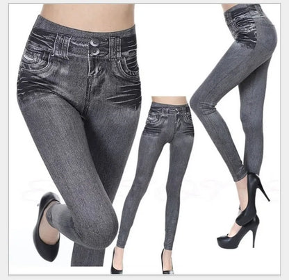 1pcs Women's Denim Print Leggings Females Fashion Slim Leggings Faux Jeans Leggings Lady Stretch Printed Tights Black Blue Pants Grey