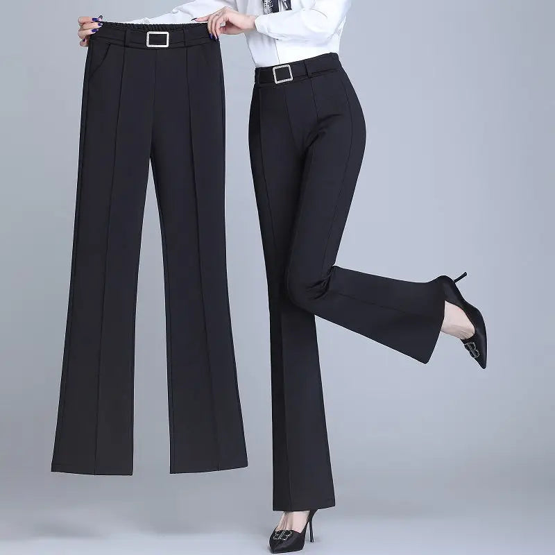 Office Lady Elegant Fashion Flare Pants Spring Autumn Diamonds High Waist All-match Solid Women Casual Straight Trousers 2022 Badiee Stylez