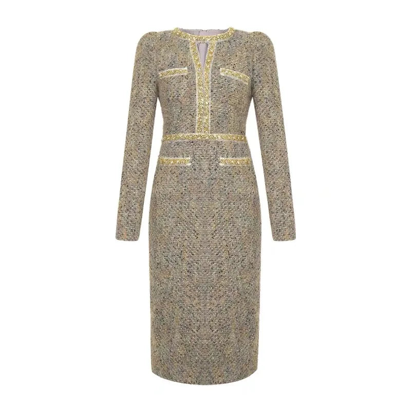 Women Clothes Vintage Tweed Hollow Sexy O-Neck Slim Midi Pencil Dress Elegant Fashion Evening Party Vestidos Formal Occasion New GRAY CHINA