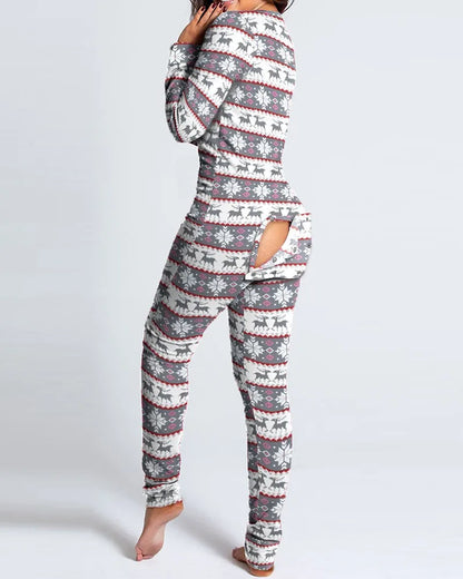 Sexy Pyjama Women's Jumpsuit Suit Button-down Front Back Butt Bum open Ass Flap Jumpsuit Loungewear Christmas Print Buttoned gray