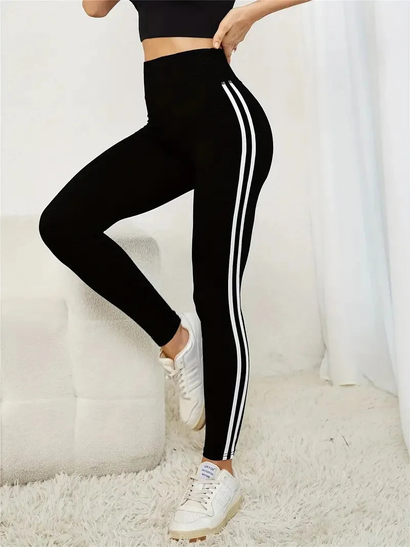 Women's High-waist Slimming Leggings Side Stripe Pattern Breathable Yoga Pants Sportswear Athletic Apparel