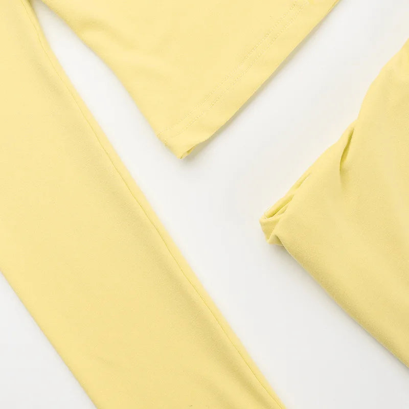Fashion Soild Women's Set Long Sleeve Yellow U Neck Shirt and Flared Pants 2024 Elegant Tracksuits Two 2 Piece Set Outfits