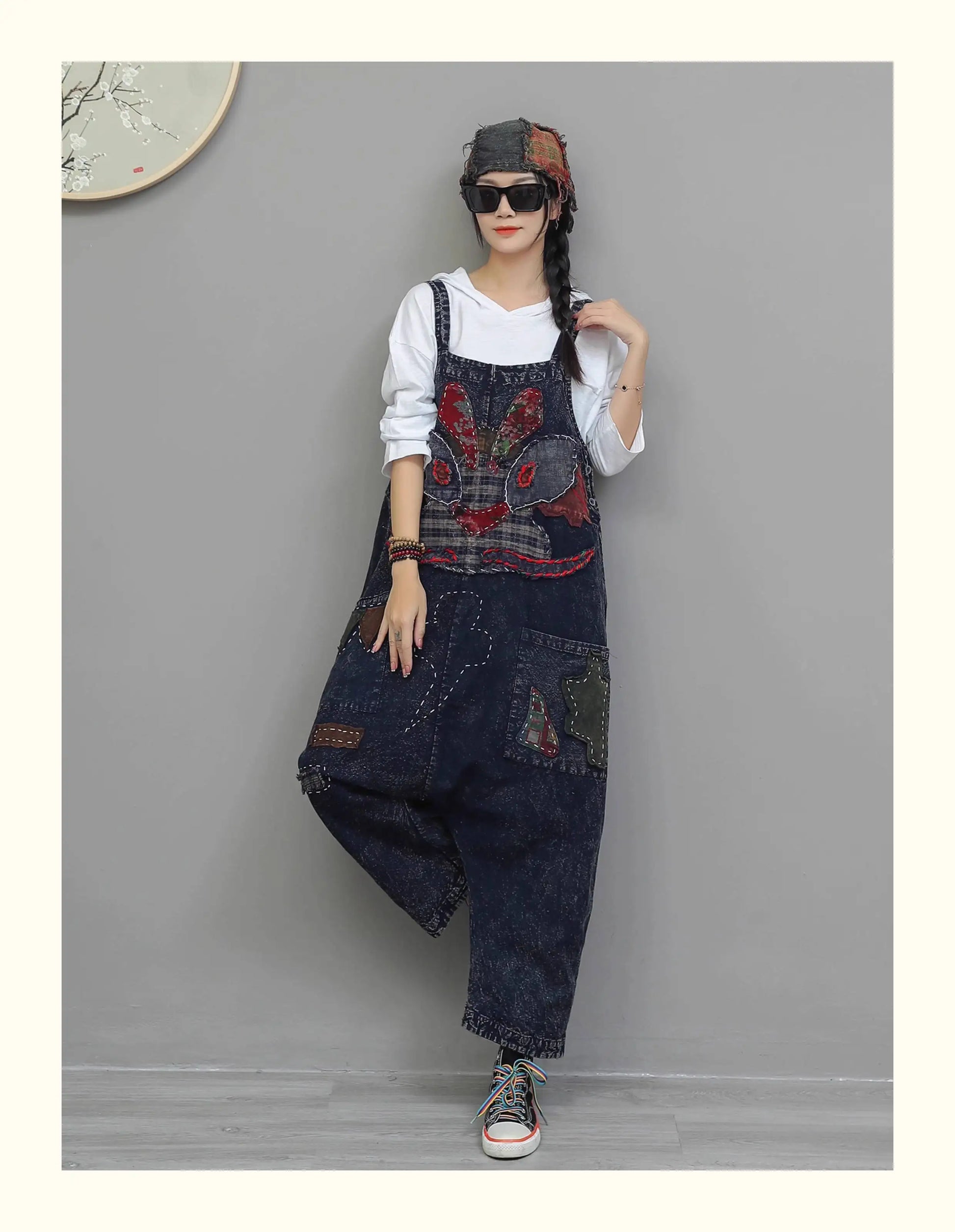Heavy Embroidery Patch High Waist Overalls Women Autumn Fashion Stylish Loose Jumpsuit LX4372 Badiee Stylez