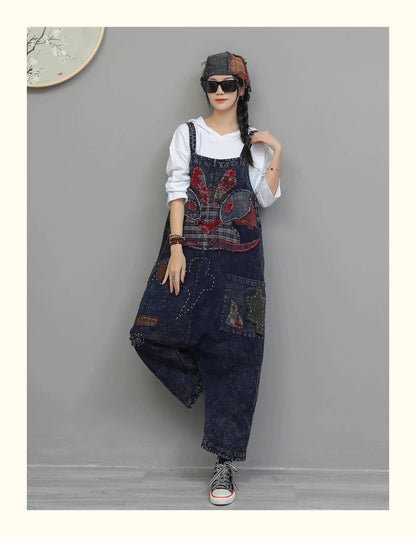Heavy Embroidery Patch High Waist Overalls Women Autumn Fashion Stylish Loose Jumpsuit LX4372 Badiee Stylez