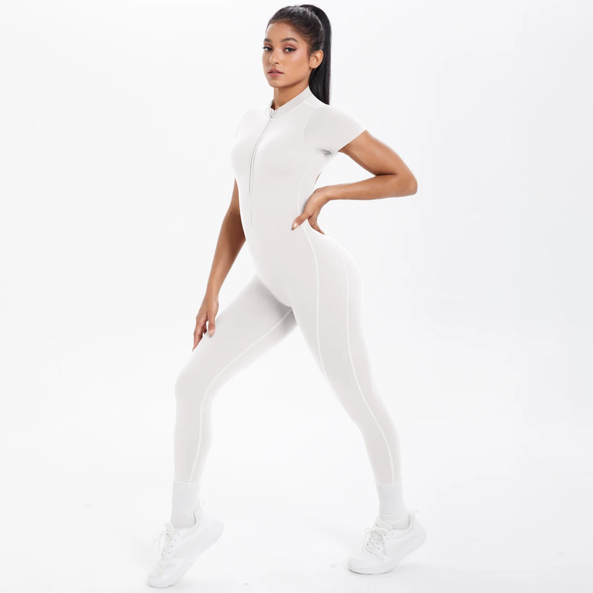Short Sleeved Fitness Jumpsuit for Woman Bodysuits Backless Solid Color Scrunch One-Piece Suit Half Zipper Gym Yoga Sets Womens