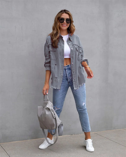2025 Spring Autumn Shirt Style Denim Jacket Women Holes Raw-edges Jeancoat Casual Tops Female Oversize Loose Outerwear 7 Colors