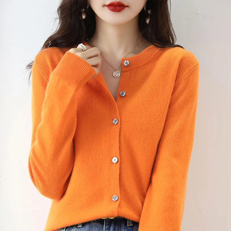 Knitted Cardigan Women's Sweater Autumn And Winter 2022 New Solid Color Coat Round Neck Short Long Sleeve Loose Korean Fashion Orange CHINA