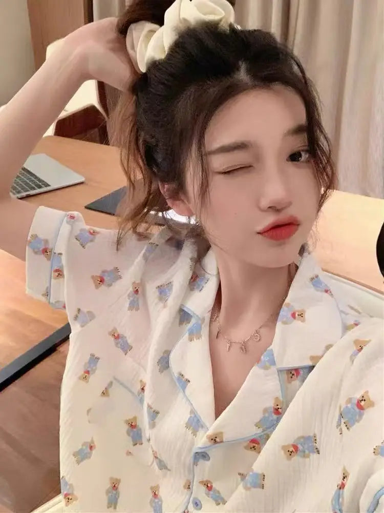 Cute Girl's Summer Cotton Linen ort Sve Nightgown Home Clothes Set Bear Print Gauze Spwear Simple Home Sle Yunduo cotton open short-blue bear