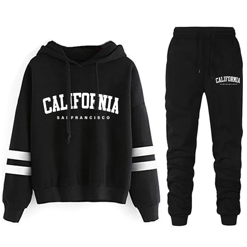 California Womens Tracksuit Casual Stripe Versatile Hooded Sweatshirt or Pants or Suit Simplicity Hot Sales Street Outfits S-3XL BlackSet