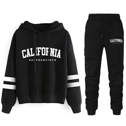 California Womens Tracksuit Casual Stripe Versatile Hooded Sweatshirt or Pants or Suit Simplicity Hot Sales Street Outfits S-3XL BlackSet
