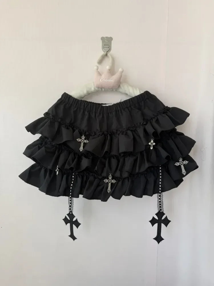 Emo Women Y2K Japanese Goth Elastic Waist Cross Mini Short Skirt High Waist Aesthetic Acubi Ruffle Skirts A-line 2000s Clothes Black