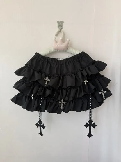 Emo Women Y2K Japanese Goth Elastic Waist Cross Mini Short Skirt High Waist Aesthetic Acubi Ruffle Skirts A-line 2000s Clothes Black