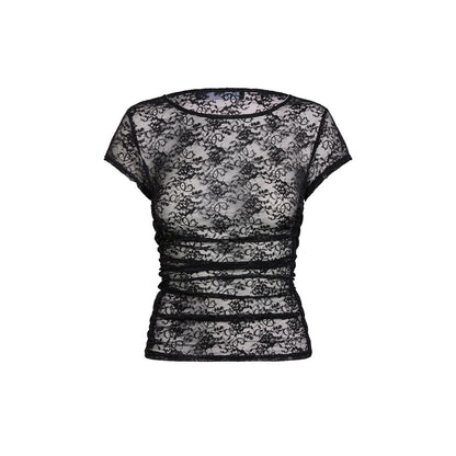 Women Lace Sexy Y2k Basics Minimalist Tanks Camis T-shirt Crew Neck Short Sleeve See-through Summer Tops for Club Party