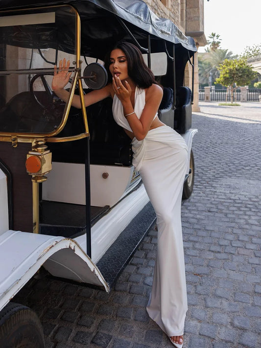 Solid Maxi Halter Dress For Women Fashion Sexy Streetwear Sleeveless Hollow Out V-Neck Sheath Long Vestidos Robe Female Slim Fit