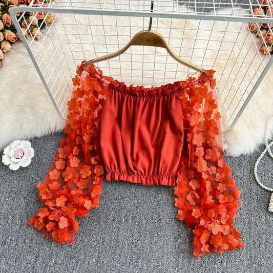 Off Shoulder Sexy Lace Blouses Women 2025 Spring Summer Korean Fashion Long Sleeve Tops Slim Flower Transparent Chiffon Shirts