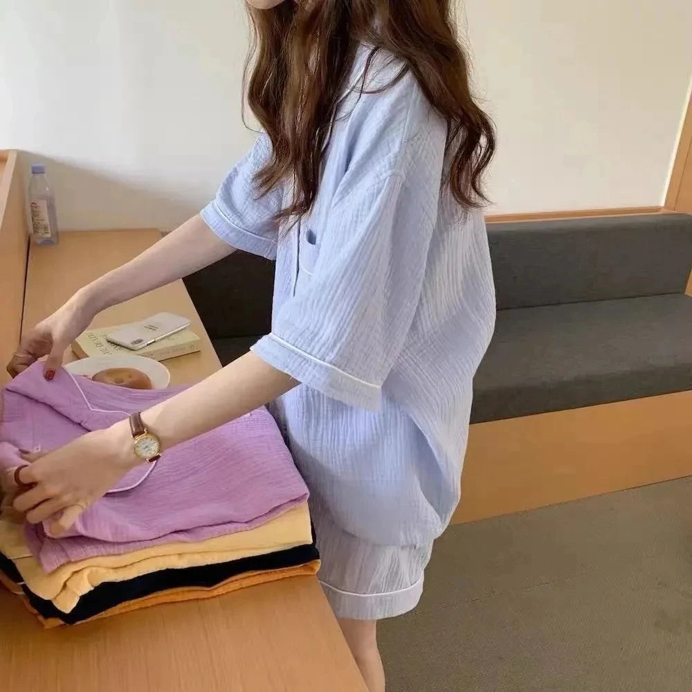 Summer Soft Cotton Linen Nightgown Women's ort Sve Home Clothes Two-Piece Set Cute Youth Polyester Fiber Thin Fabric