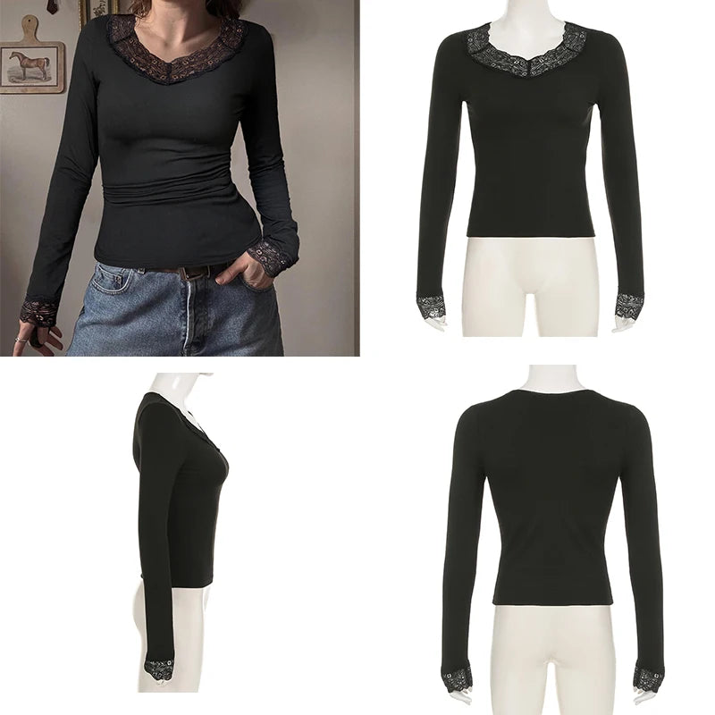 Cuteandpsycho Lace Patchwork Solid Slim Tee Shirts Long Sleeves V-neck Aesthetic Fashion Clothes Vintage Streetwear Black Tops
