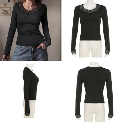Cuteandpsycho Lace Patchwork Solid Slim Tee Shirts Long Sleeves V-neck Aesthetic Fashion Clothes Vintage Streetwear Black Tops