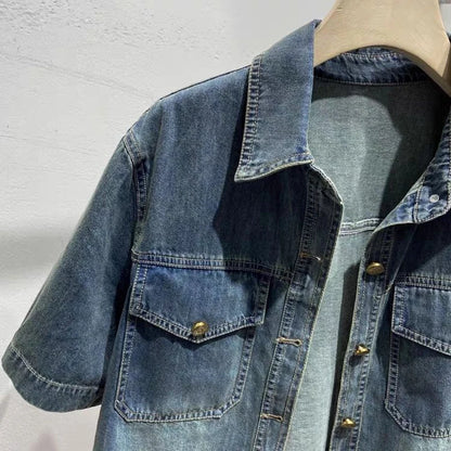 Denim Shirt Women's Summer 2024 New Turndown Collar Loose Casual Short Jacket Fashion Short Sleeved Single Breasted Thin Top