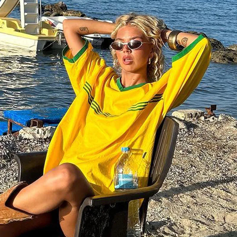 Brazil Embroidery Yellow Tshirt Casual Loose Medium And Long Sleeves Y2k Clothing Tops Oversized T-shirt Beach Summer Women Tees