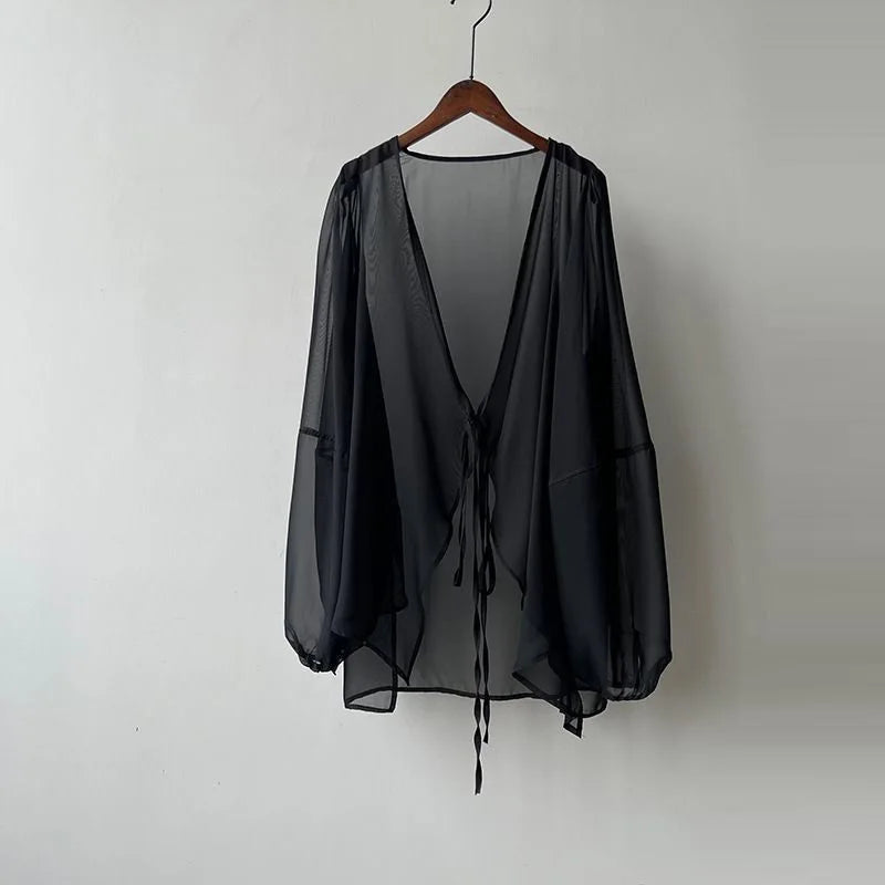 Summer Sun Protection Shirt Korean Women Chiffon Cardigan Blouse Solid Color Ladies Shawl Female Oversize Casual Loose Coats black