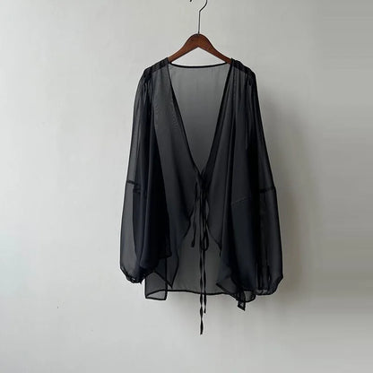 Summer Sun Protection Shirt Korean Women Chiffon Cardigan Blouse Solid Color Ladies Shawl Female Oversize Casual Loose Coats black