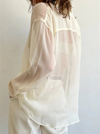 Womens Transparent Shirts Y2k Long Sleeve Lapel Button Down T-shirt Beach Cover Up Sexy Tops and Blouses Female Smock