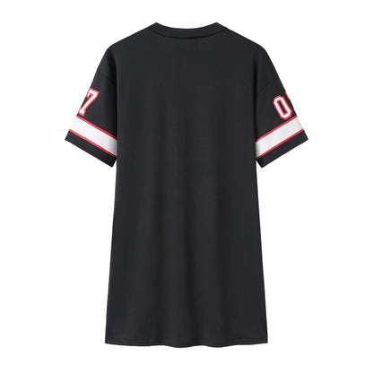 Fashion V-Neck Queen Letters Print Dress Short Sleeve Basketball Sporty Style Sexy Loose Female Clothing Streetwear Loungewear