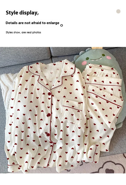 Spring and Autumn New Women's Pajamas Homewear Set Girls Gentle Wind Love Cardigan Pajamas Wrinkled Cloth Homewear Long-Sleeved