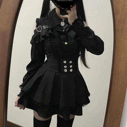 Y2k Aesthetic Lolita Style Bow Dress Shorts Set Japanese Women Gothic Lace Flare Sleeve Button Shirt Dress Punk Party Mini Dress 345 Black