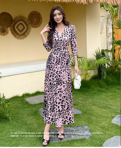 ZAROY Leopard Print Luxury Women Wrap Dresses Elegant V Neck Party Evening Long Dress Casual Belted Holiday Beach Robe Vestidos