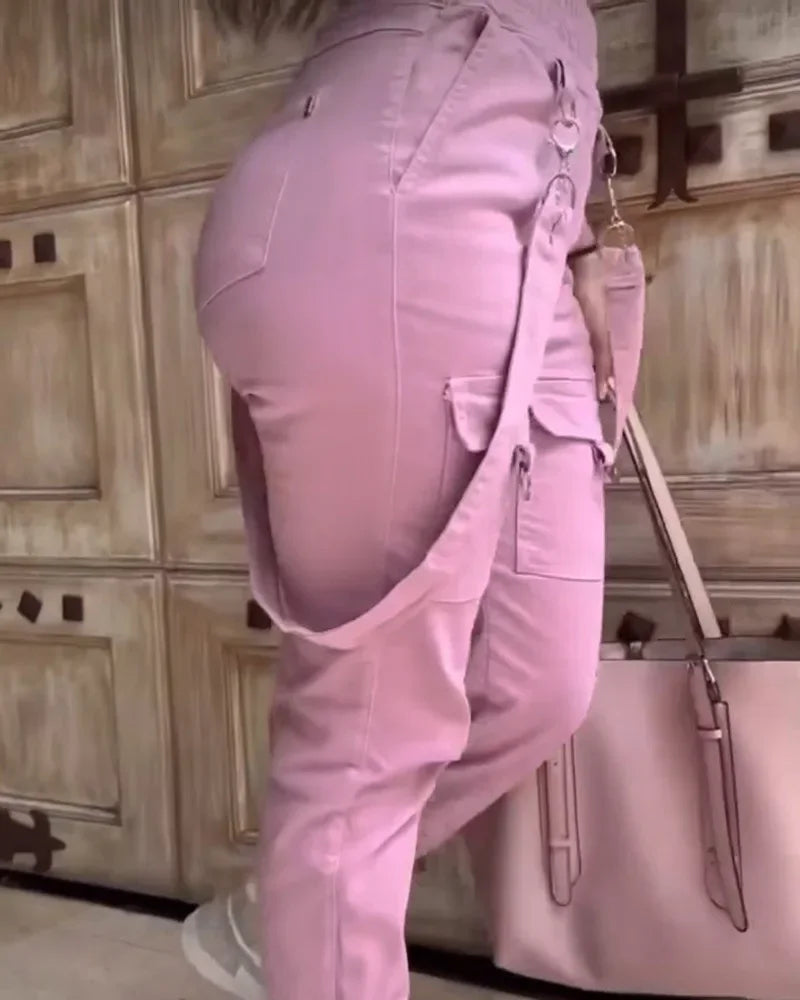 Women's Cargo Pants Casual Trousers 2024 Spring Autumn Solid Color Trend Street Pocket Design Cuff Suspenders Streetwear Women