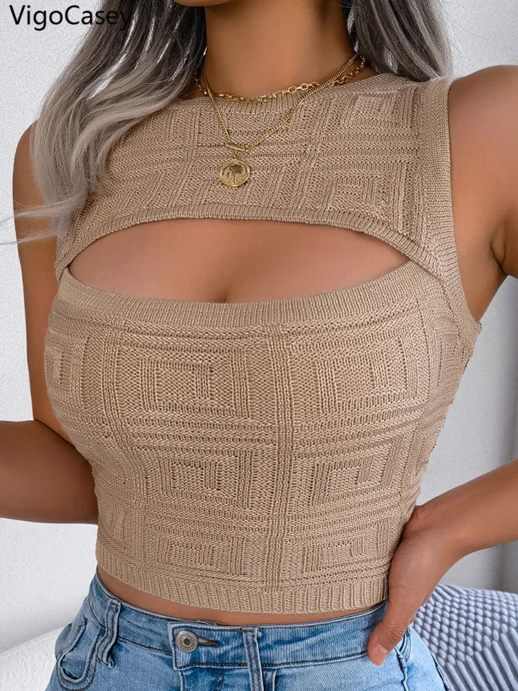 VigoCasey 2025 Summer Lady Sexy Bodycon Crop Top Women Solid Hollow Knit Vest Female Sleeveless Casual Clud Short Tops Clothes