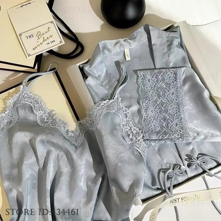 New Chinese Style 2PCS Robe Nightgown Set Sleepwear Sexy Lace Suspender Nightdress Loungewear Jacquard Satin Bathrobe Homewear Badiee Stylez