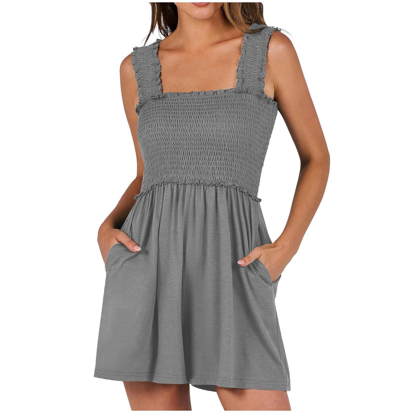 Summer Square Neck Sleeveless Shorts Rompers Casual Beach Elastic Tank Tops Jumpsuit Clothes For Women With Pockets Shorts