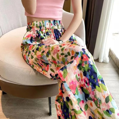 2024 Summer New Beach Pants Loose Wide-Leg Pant for Women Seaside Leisure INS High Waist Cropped Pant Straight Floral Trousers